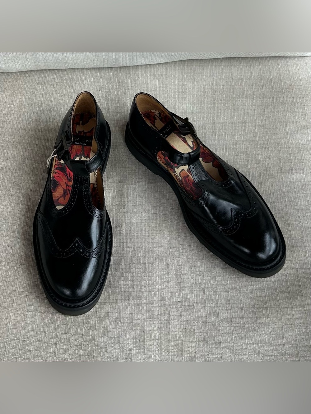 Paul Smith Black Leather T-Strap Brogue Flats with Floral Lining